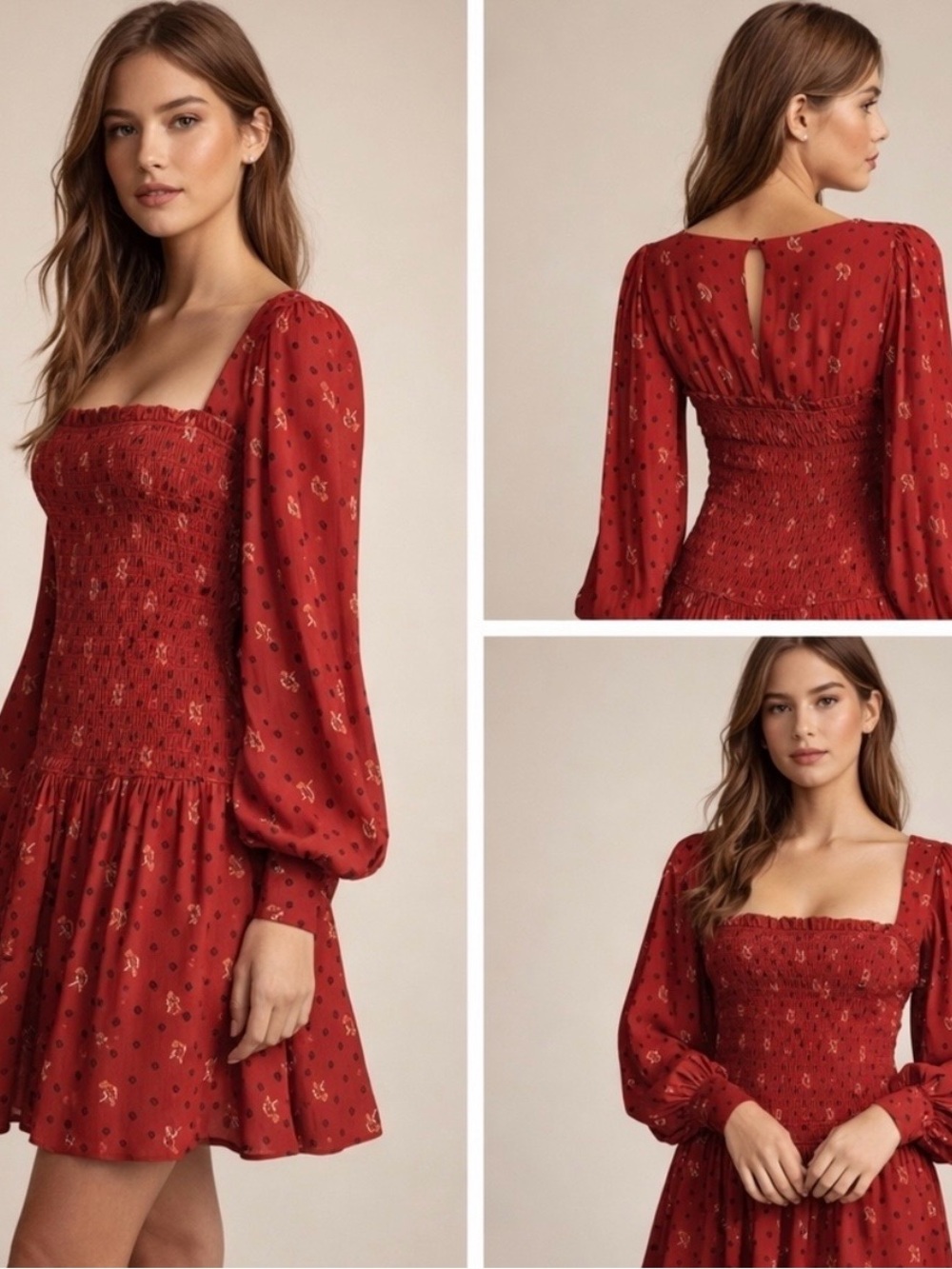 Free People Two Faces Smocked Square-Neck Mini Dress in Rust Red